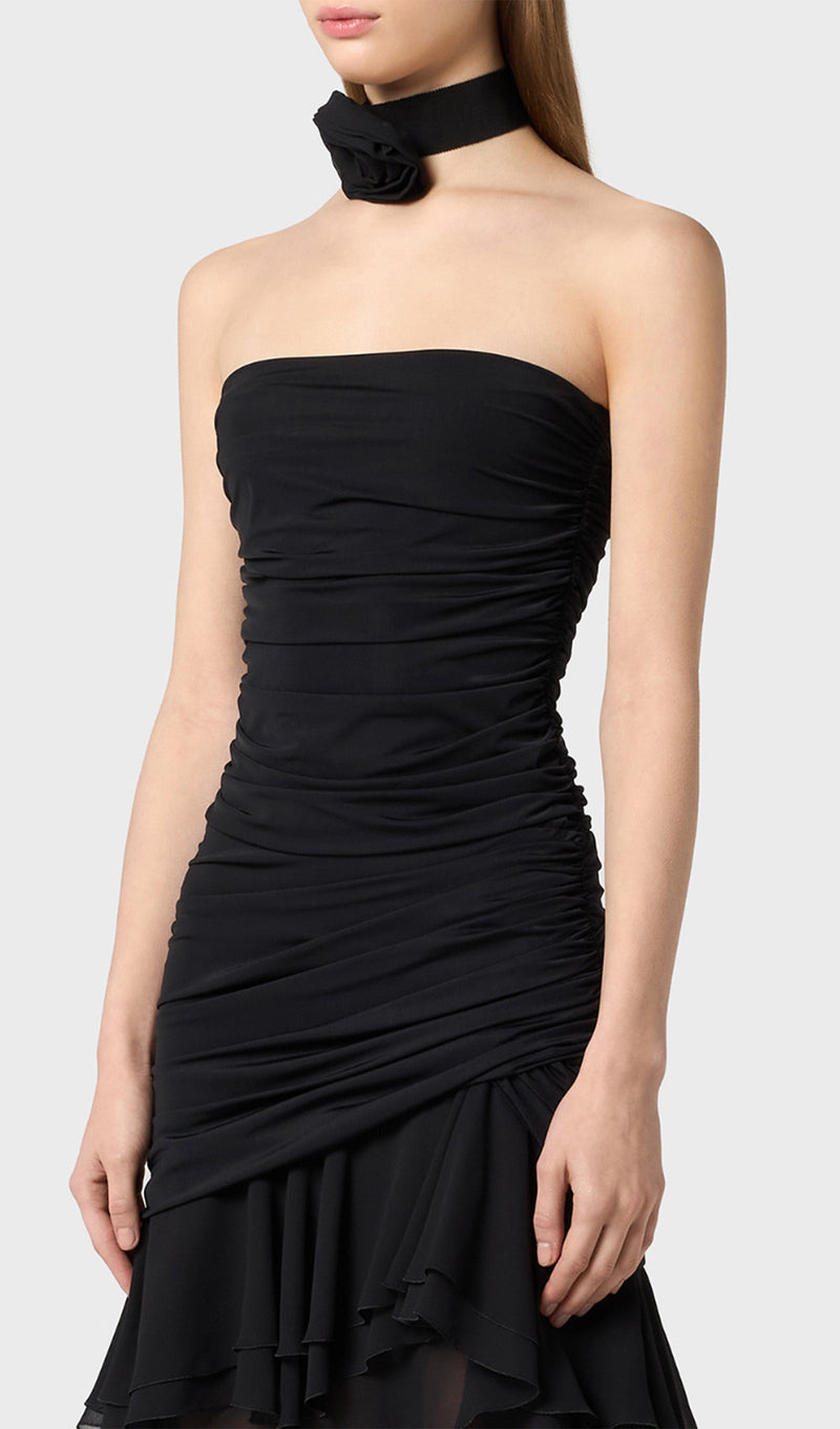 Bustier Chiffon Flounces Midi Dress