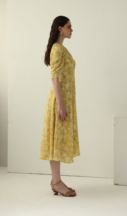 Yellow Printed Short Sleeve Midi Dress