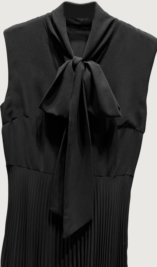 Stretch Knit Pleated Satin Midi Dress