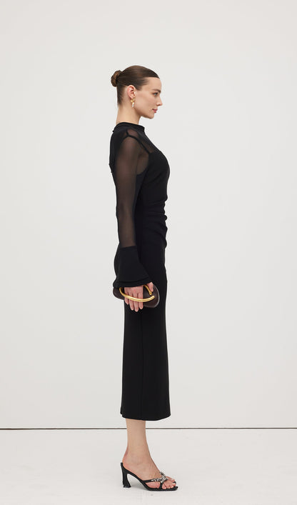 Mesh Stitching Long Sleeve Midi Dress