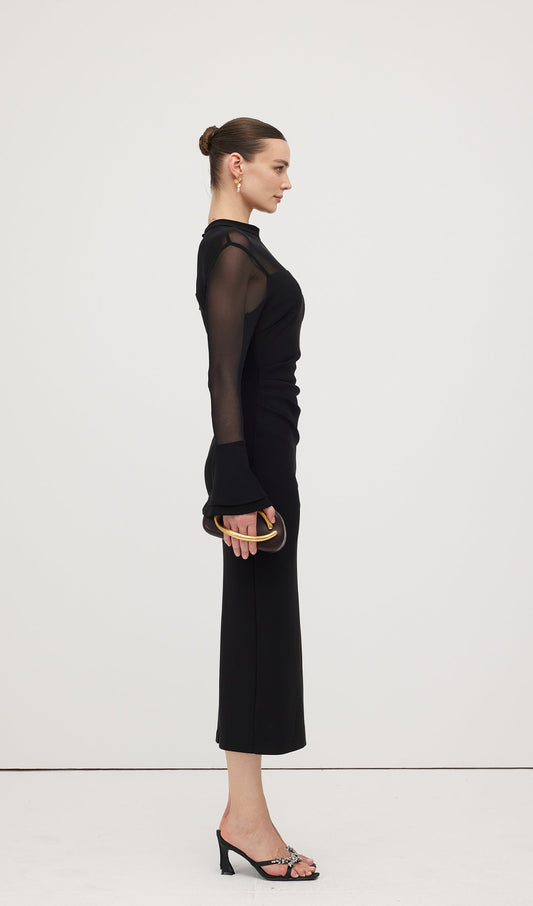 Mesh Stitching Long Sleeve Midi Dress