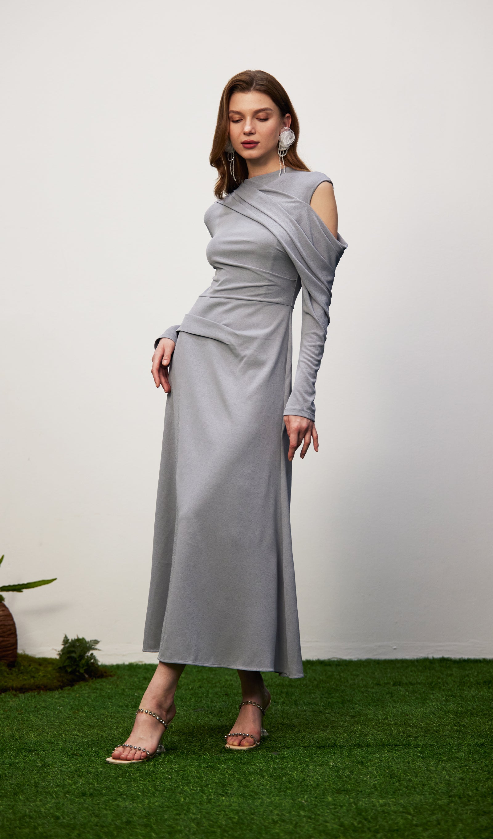 Solid Fitted Draped Maxi Dress