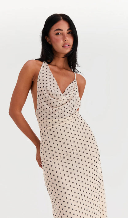 Asymmetric Cowl Polka Dot Maxi Dress