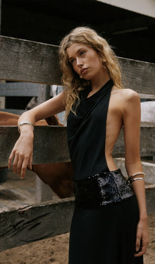 Draped Cowl Neck Open Back Maxi Dress