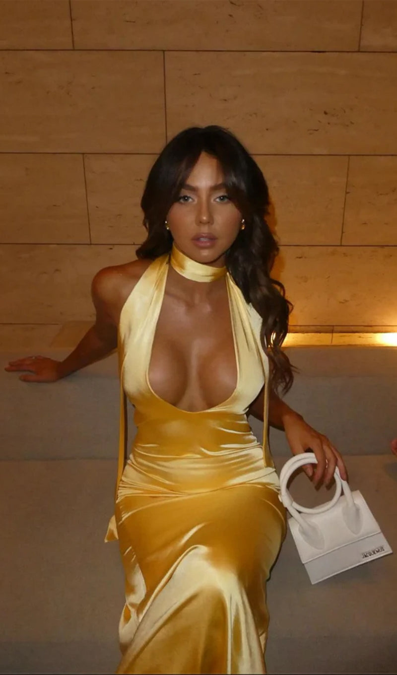 Deep V Neck Satin Maxi Dress