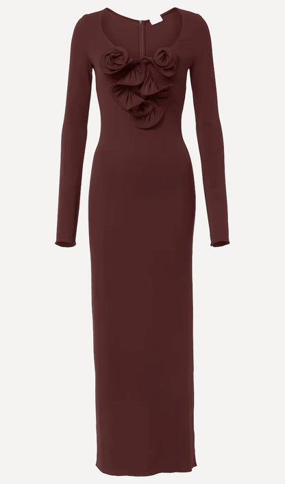 Flower Applied Jersey Maxi Dress Rose Brown