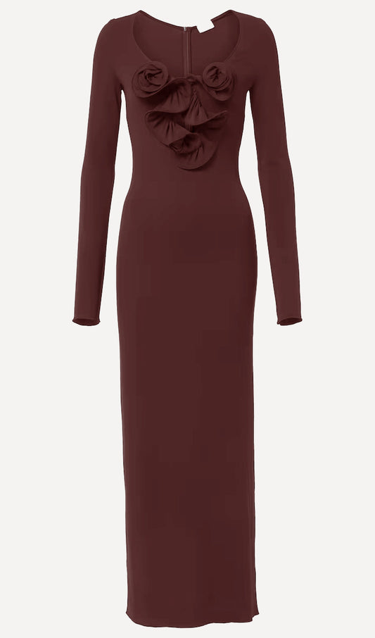 Flower Applied Jersey Maxi Dress Rose Brown