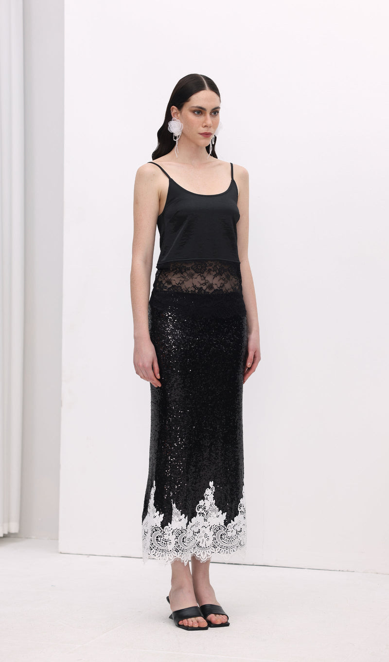 Sequinned Lace Trim Midi Skirt