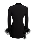 Deep V-Neck Velvet-Lapel Long-Sleeve Ostrich-Feather Blazer Dress