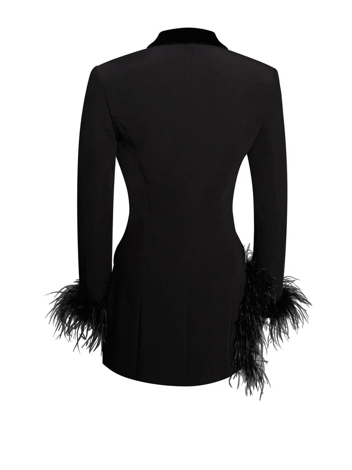 Deep V-Neck Velvet-Lapel Long-Sleeve Ostrich-Feather Blazer Dress