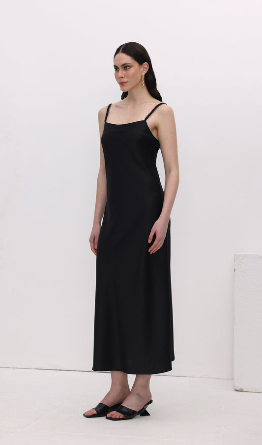 Solid Sequined Slip Midi Dress Black