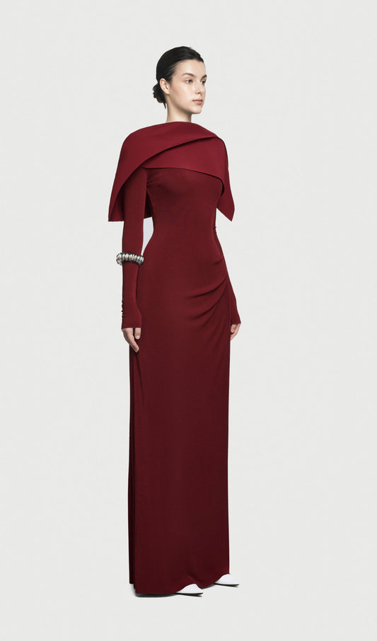 Asymmetrical Draped Shoulder Pleat Maxi Dress