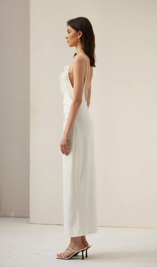 Feather Trim Slip Midi Dress