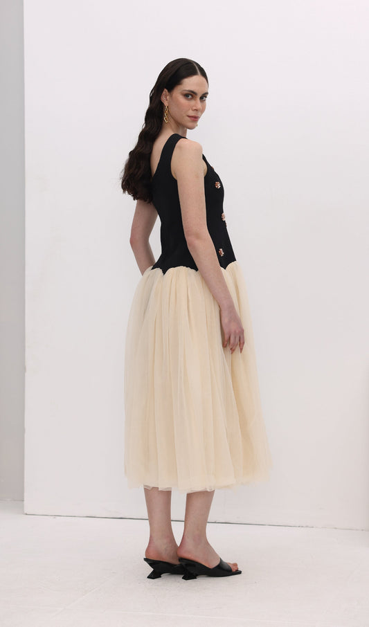 Vintage Contrast Tulle Midi Dress