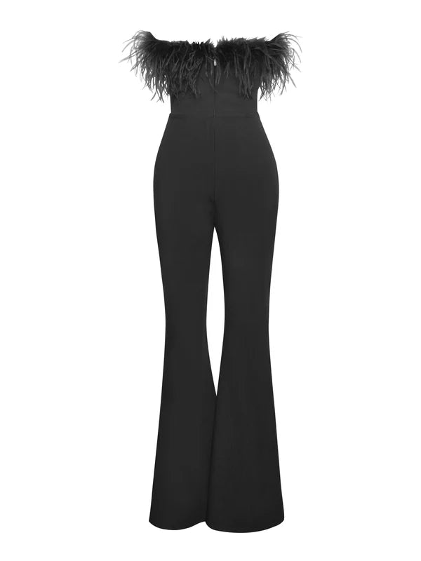 Bandeau Ostrich Feather Trim Bodycon Flare Leg Jumpsuit