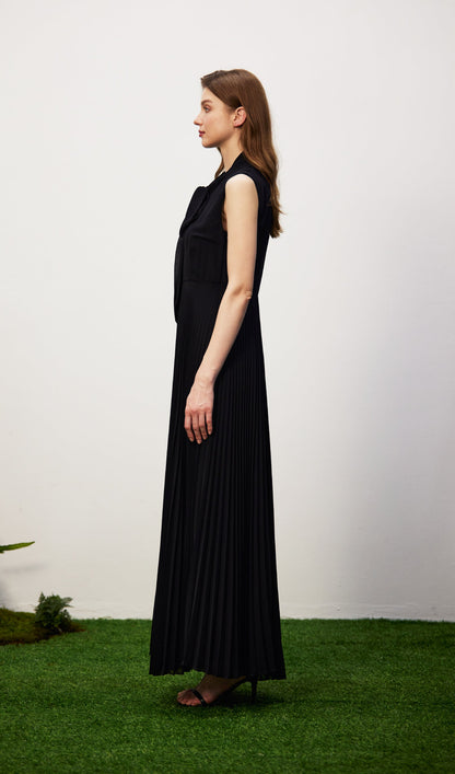 Stretch Knit Pleated Satin Midi Dress