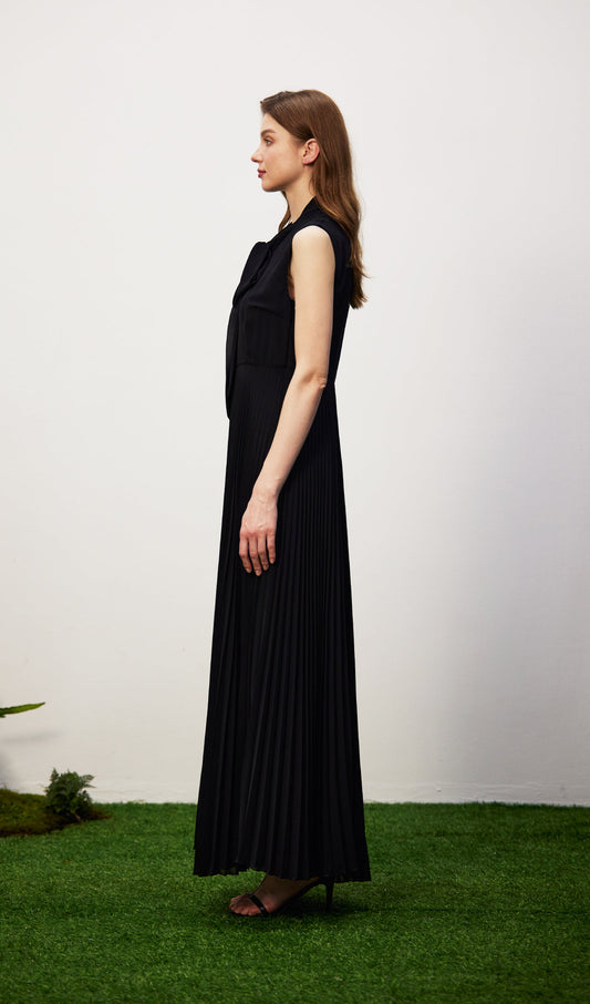 Stretch Knit Pleated Satin Midi Dress