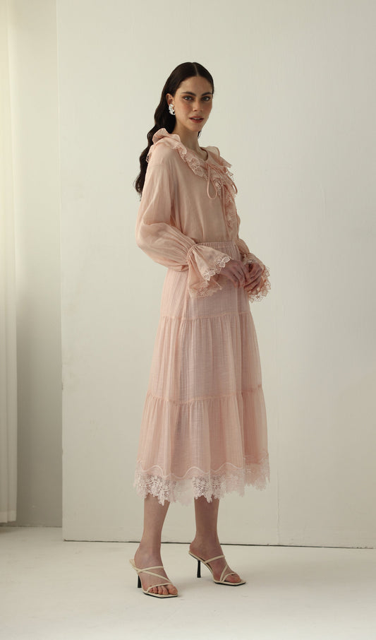 Long Sleeved Lace Panel Midi Skirt