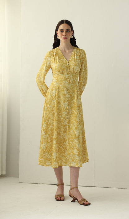 Yellow Floral Printed V Neck Midi Dress