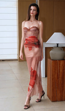 Slim Mesh  Print Midi Dress