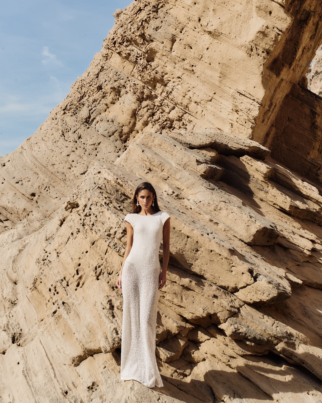 Crew-Neck Flutter-Sleeve Open-Back Knit Dress