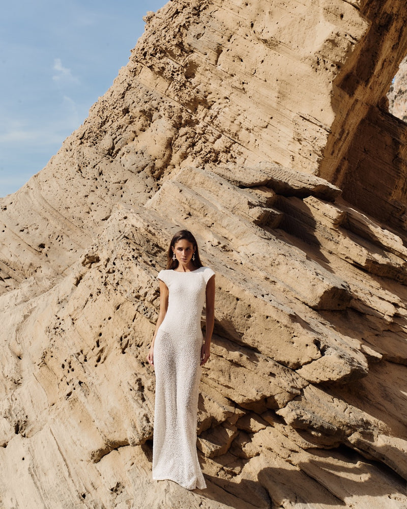 Crew-Neck Flutter-Sleeve Open-Back Knit Dress