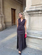 Vest-Style V-Neck Top & Mesh-Panel Skirt Set