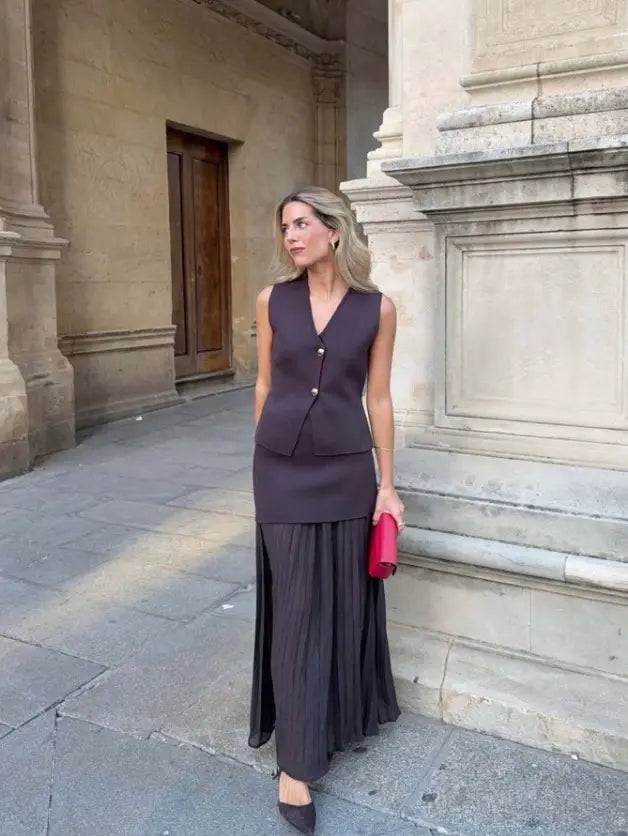 Vest-Style V-Neck Top & Mesh-Panel Skirt Set