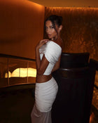 Asymmetric Off-Shoulder Sleeveless Cropped Top with Ruched Bodycon Back-Slit Skirt Two-Piece Set