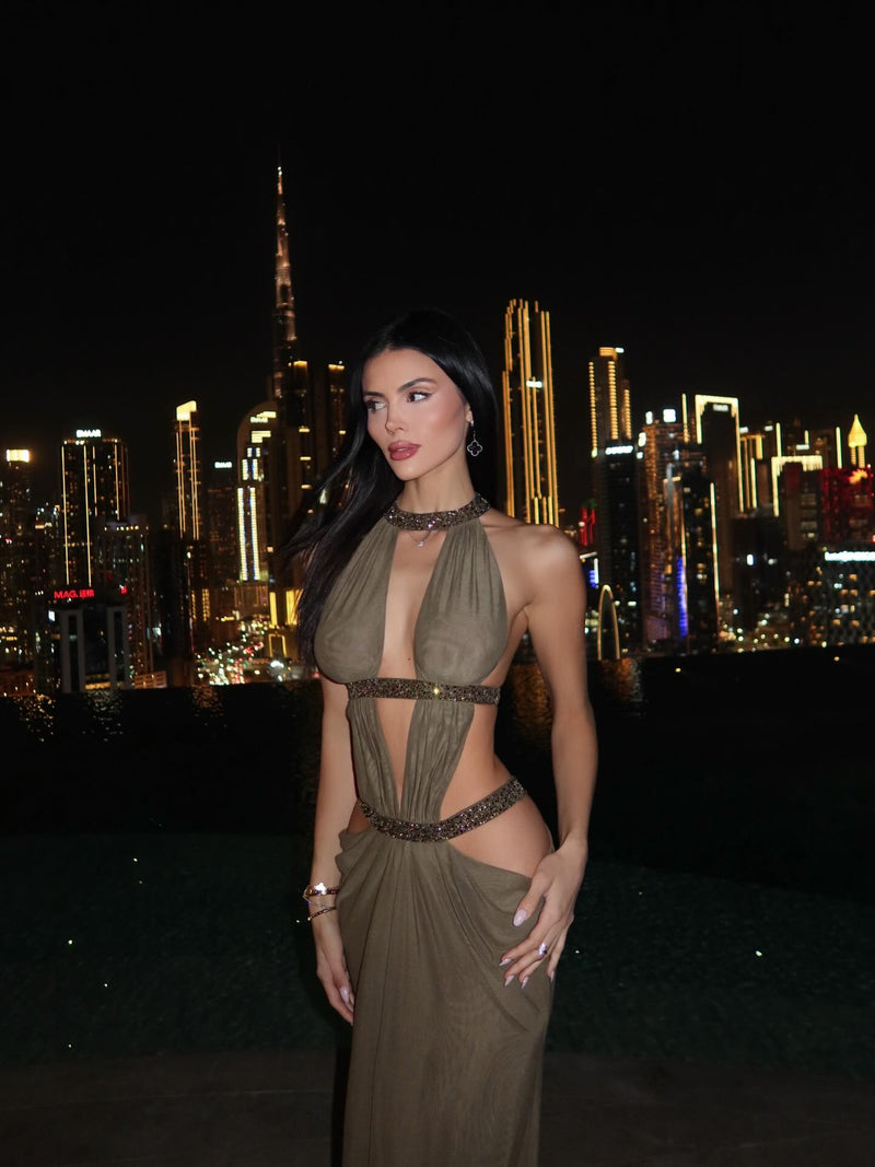 Crew-Neck Sleeveless Cutout Ruched Backless Dress