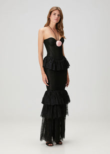 Strapless Corset-Style Halter-Tie 3D Floral Lace Dress
