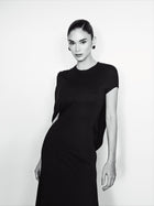 Crew-Neck Asymmetric-Sleeve Open-Back Black Knit Dress