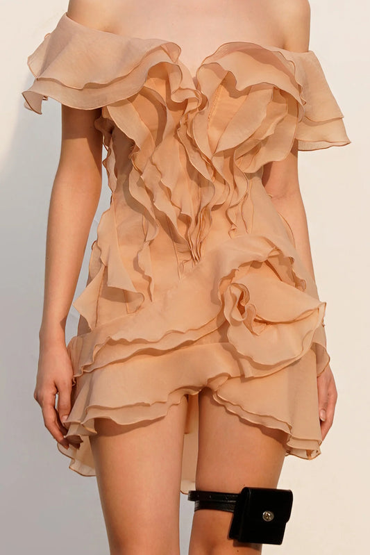 Theia Ruffle Layers Strapless Mini Dress In Beige
