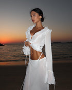 V-Neck Ruffle-Trim Tie-Front Long-Sleeve Cardigan Top with Waist-Tie Chiffon Skirt Two-Piece Set