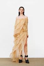 Off-Shoulder Multi-Layer Asymmetric-Ruffle Long-Sleeve Top and Side-Slit Skirt Chiffon Two-Piece Set