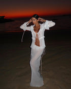 V-Neck Ruffle-Trim Tie-Front Long-Sleeve Cardigan Top with Waist-Tie Chiffon Skirt Two-Piece Set