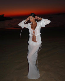 V-Neck Ruffle-Trim Tie-Front Long-Sleeve Cardigan Top with Waist-Tie Chiffon Skirt Two-Piece Set