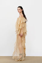Off-Shoulder Multi-Layer Asymmetric-Ruffle Long-Sleeve Top and Side-Slit Skirt Chiffon Two-Piece Set
