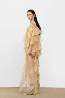 Off-Shoulder Multi-Layer Asymmetric-Ruffle Long-Sleeve Top and Side-Slit Skirt Chiffon Two-Piece Set