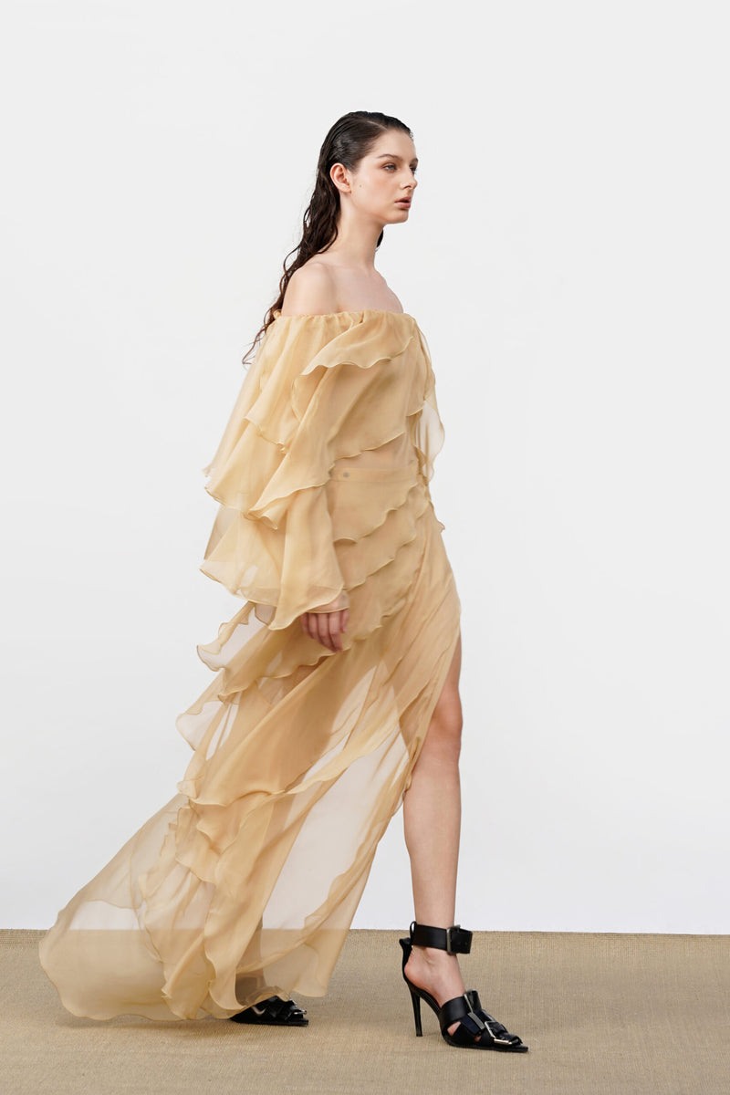 Off-Shoulder Multi-Layer Asymmetric-Ruffle Long-Sleeve Top and Side-Slit Skirt Chiffon Two-Piece Set