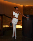 Asymmetric Off-Shoulder Sleeveless Cropped Top with Ruched Bodycon Back-Slit Skirt Two-Piece Set