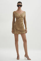 V-neck Ruched Tulle Mini Dress
