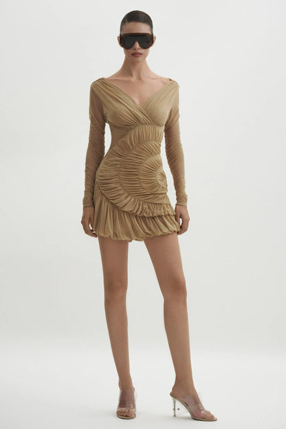 V-neck Ruched Tulle Mini Dress