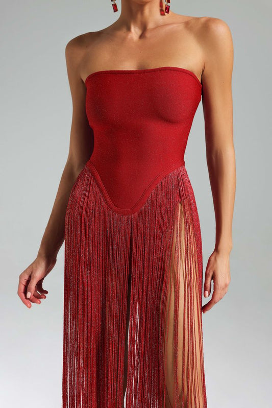 Strapless Bandage Fringe Panel Dress