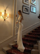 High-Neck Long-Sleeve Backless Asymmetric-Hem Bodycon Dress