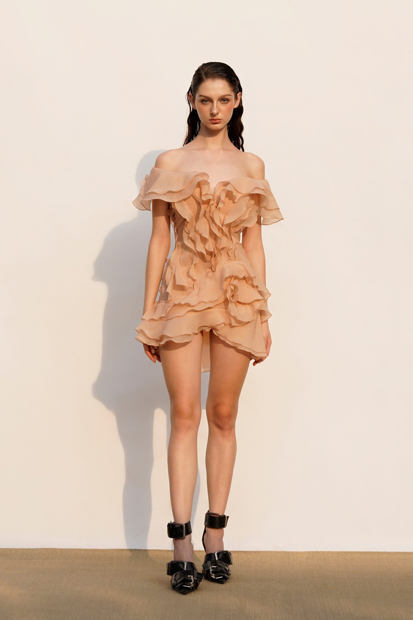 V-Neck Off-Shoulder Layered Ruffled Sleeveless Mini Dress