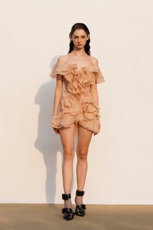 V-Neck Off-Shoulder Layered Ruffled Sleeveless Mini Dress