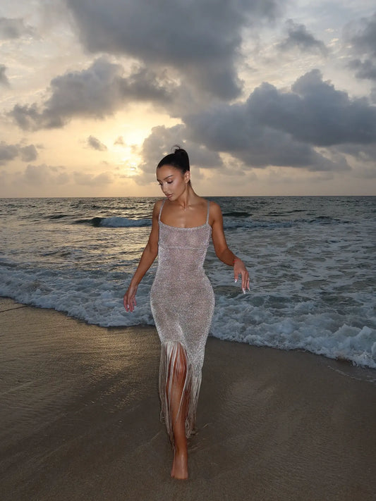 Shimmer Fringe Knit Maxi Dress