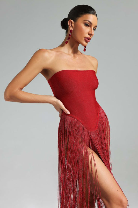 Strapless Bandage Fringe Panel Dress