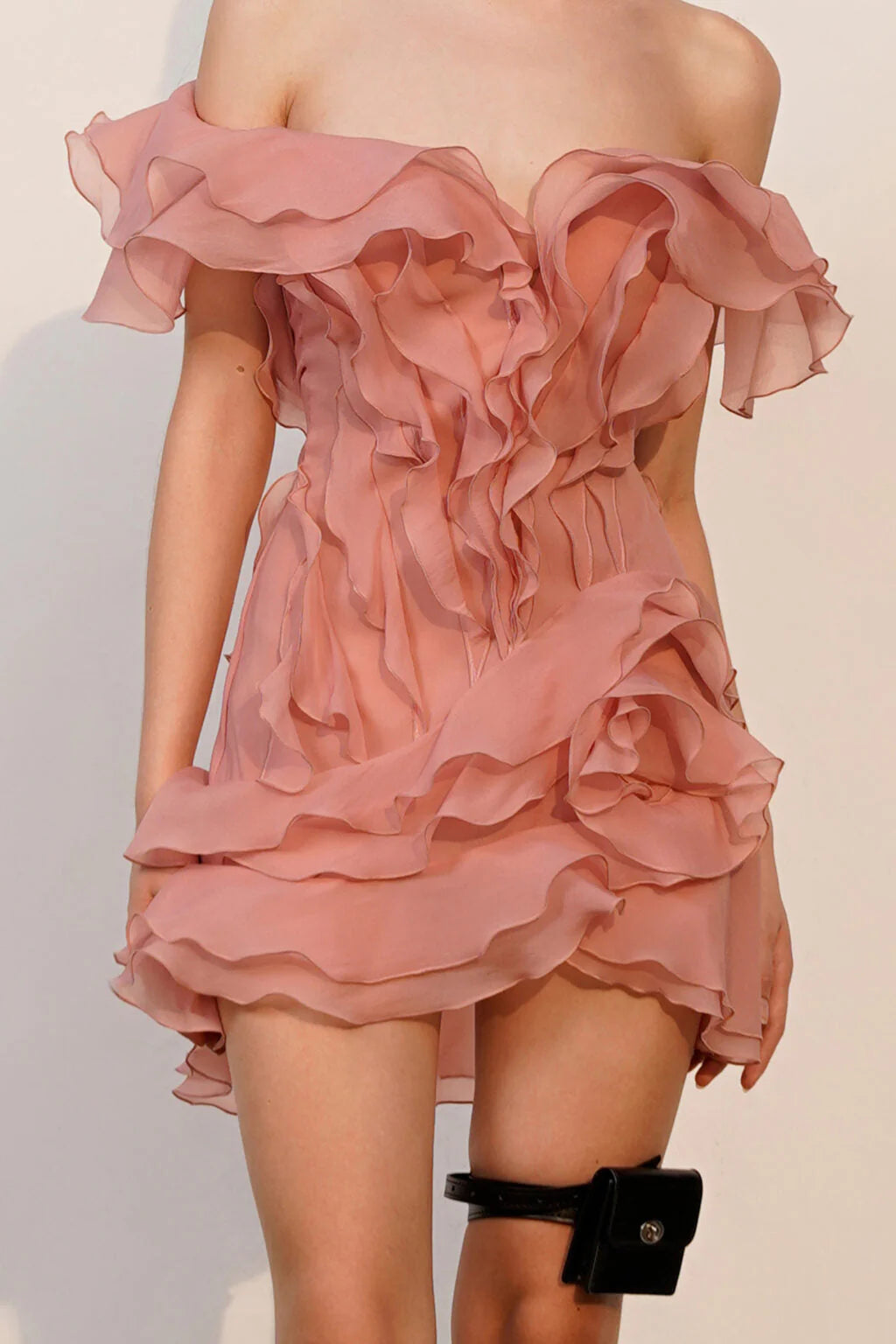 V-Neck Off-Shoulder Layered Ruffled Sleeveless Mini Dress